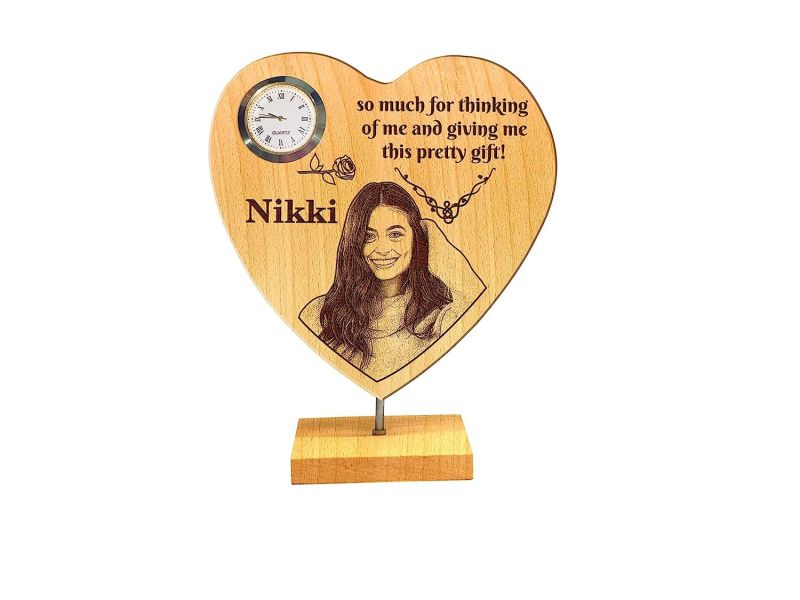 Heart Shape Wooden Plaque With Clock & Customized Photo And Name