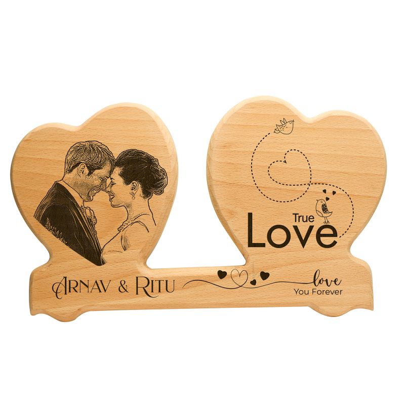 Heart Shapes Wooden Plaque For The Couple With Customized Photo & Name