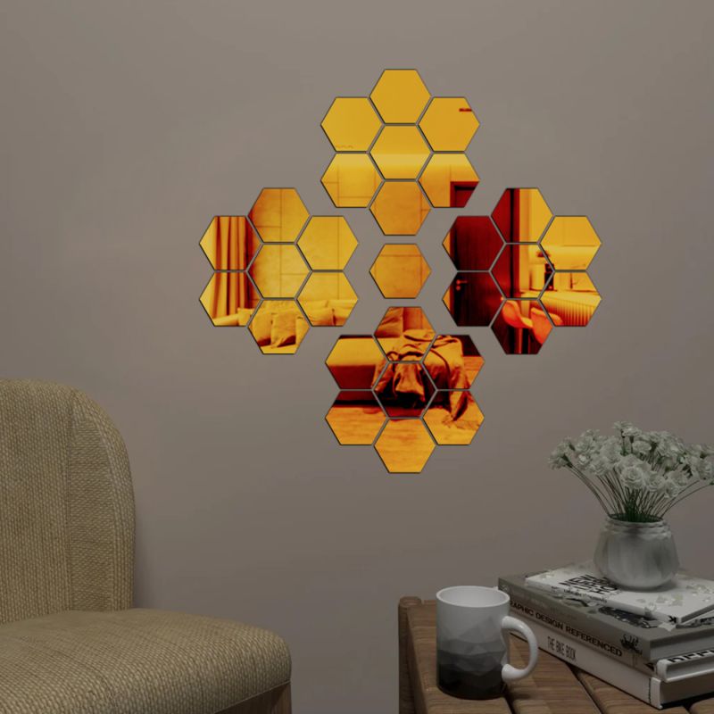 Hexagon Shape Mirror Golden Sticker For The Decorations (10 Pcs)