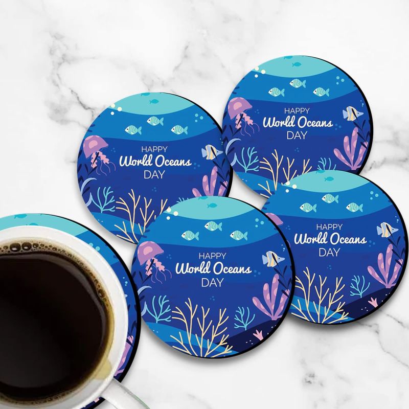 Happy World Oceans Day Printed Coaster For Home, Offices ETC