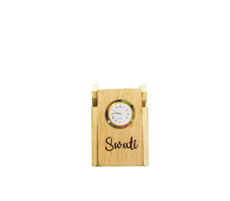 Personalized Wooden Table Pen Holder With Clock For Offices, Homes ETC