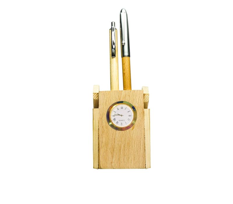 Personalized Wooden Table Pen Holder With Clock For Offices, Homes ETC