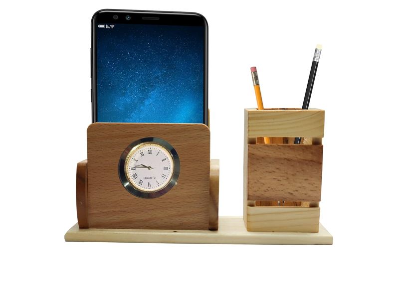 Pen holder Mobile Holder With Clock Multipurpose Wooden Desk Organizer