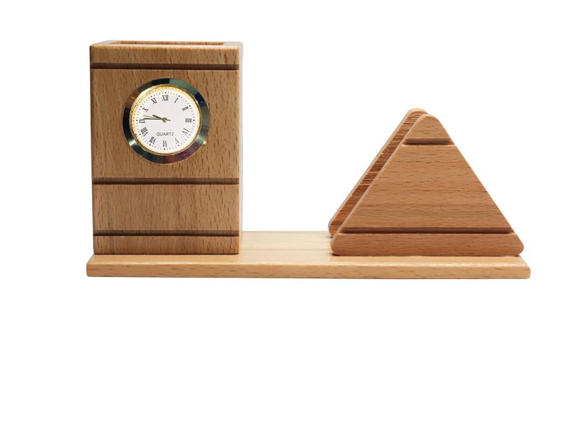 Pen Stand With Card Holder & Clock For Office Desk (17.5cm x 9.3cm, Brown)