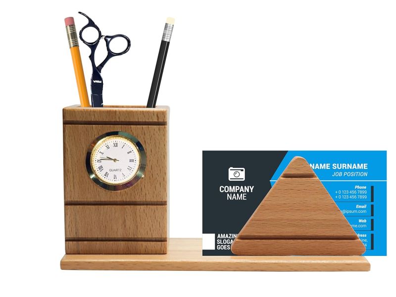 Pen Stand With Card Holder & Clock For Office Desk (17.5cm x 9.3cm, Brown)