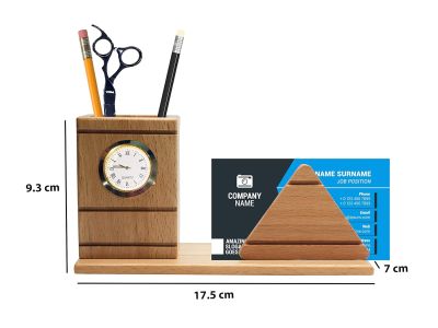 Pen Stand With Card Holder & Clock For Office Desk (17.5cm x 9.3cm, Brown)