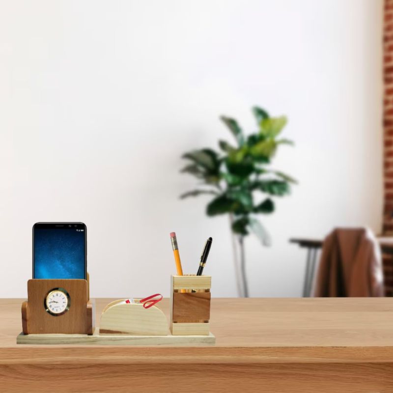 Wooden Pen Holder With Mobile Holder Visiting Card & Clock For Office Desk And Study Table