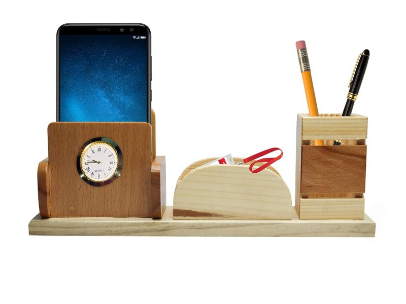 Wooden Pen Holder With Mobile Holder Visiting Card & Clock For Office Desk And Study Table