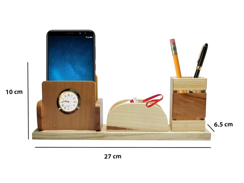 Wooden Pen Holder With Mobile Holder Visiting Card & Clock For Office Desk And Study Table