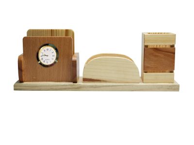 Wooden Pen Holder With Mobile Holder Visiting Card & Clock For Office Desk And Study Table