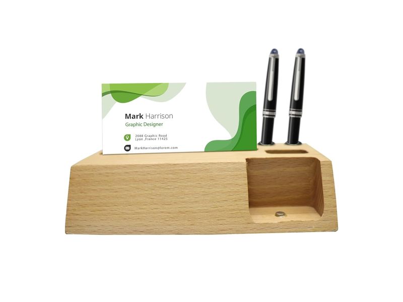 Multipurpose Wooden Pen And Pencil Stand With Visiting Card With Business Card Holder