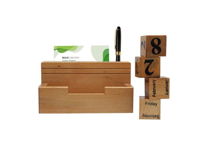 Multipurpose Wooden Pen Holder With Calender & Visiting Cards Holder For Home And Office