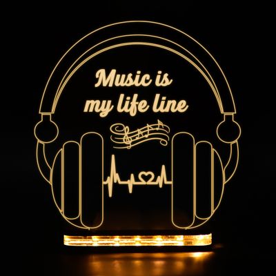 Music Is My Life Line Text With Headphone Design Night Lamp