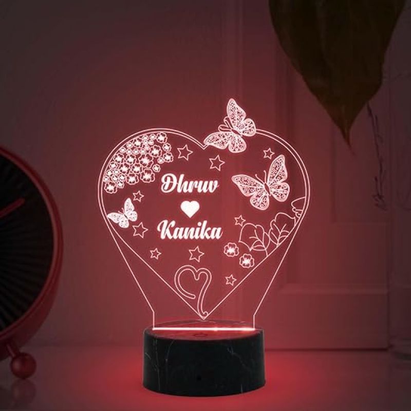 Personalized Heart With Butterflies Design Night Lamp With Multicolored Light Customized Name Gift for Anniversary Birthday Valentine Day
