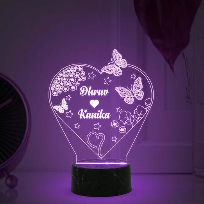 Personalized Heart With Butterflies Design Night Lamp With Multicolored Light Customized Name Gift for Anniversary Birthday Valentine Day