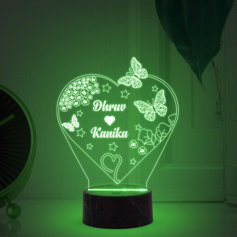 Personalized Heart With Butterflies Design Night Lamp With Multicolored Light Customized Name Gift for Anniversary Birthday Valentine Day