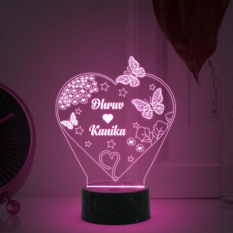 Personalized Heart With Butterflies Design Night Lamp With Multicolored Light Customized Name Gift for Anniversary Birthday Valentine Day