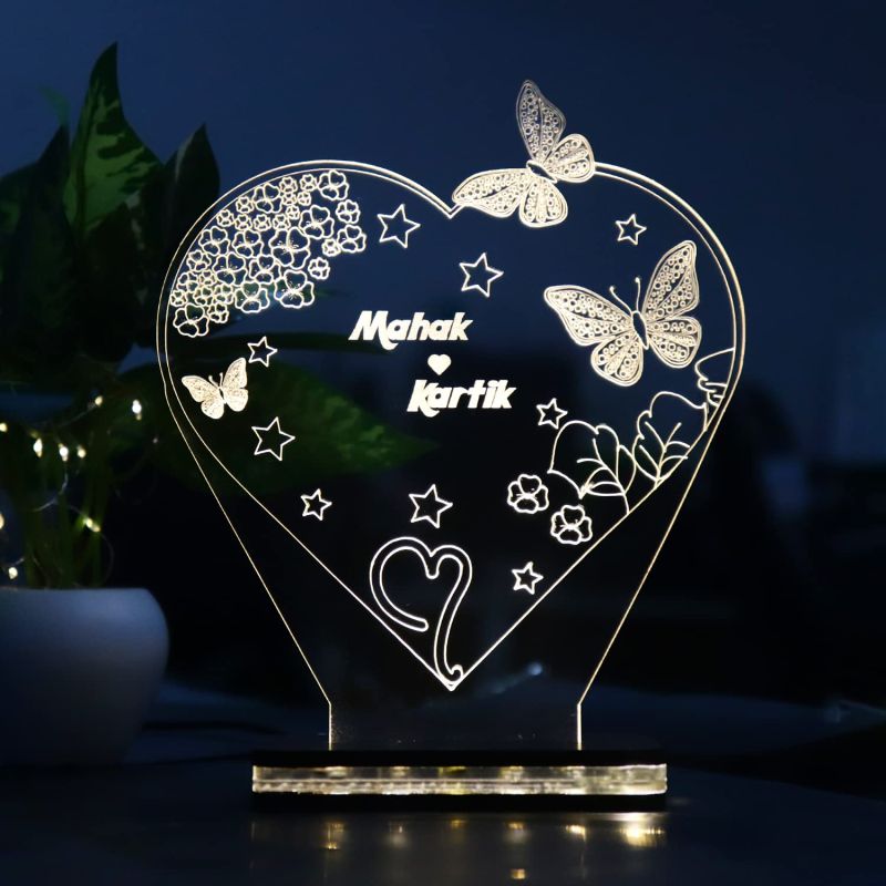 Heart With Butterflies Design Night Lamp With Customized Name