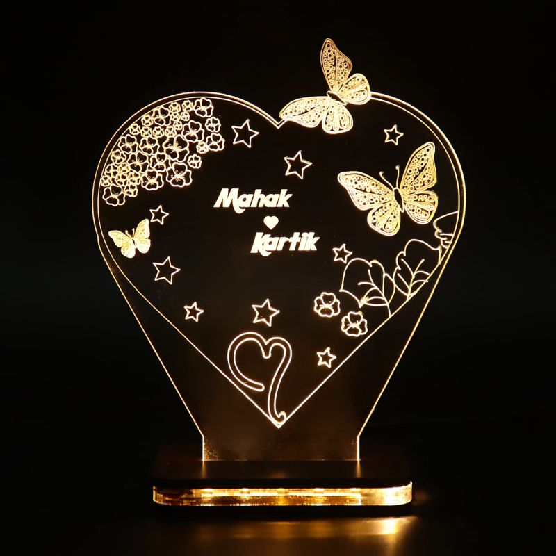 Heart With Butterflies Design Night Lamp With Customized Name