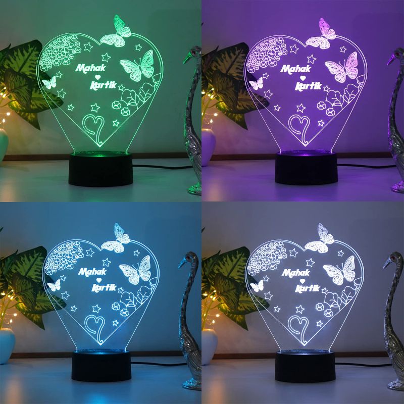 Heart With Butterflies Design Night Lamp With Customized Name