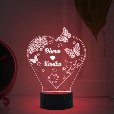 Personalized Heart With Butterflies Design Night Lamp With Multicolored Light Customized Name Gift for Anniversary Birthday Valentine Day