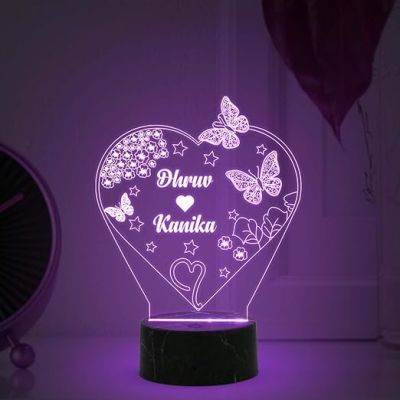 Personalized Heart With Butterflies Design Night Lamp With Multicolored Light Customized Name Gift for Anniversary Birthday Valentine Day