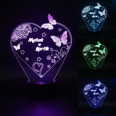 Heart With Butterflies Design Night Lamp With Customized Name