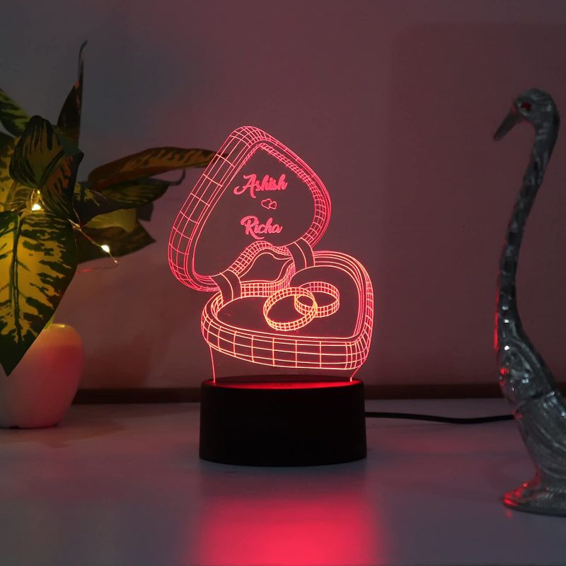 3D Illusion Couple Rings Design Night Lamp With Customized Name