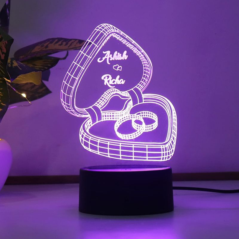 3D Illusion Couple Rings Design Night Lamp With Customized Name