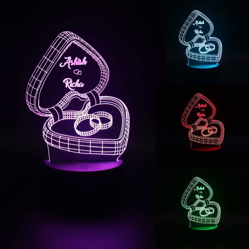 3D Illusion Couple Rings Design Night Lamp With Customized Name