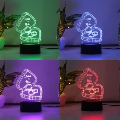 3D Illusion Couple Rings Design Night Lamp With Customized Name