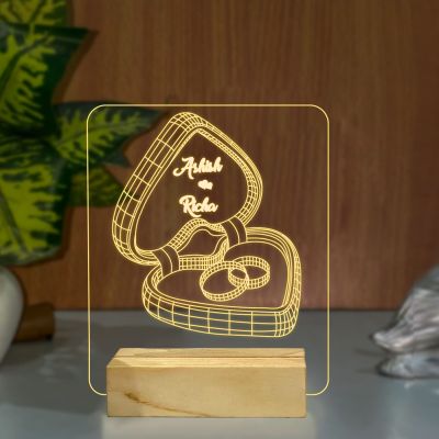 3D Illusion Couple Rings Design Night Lamp With Customized Name