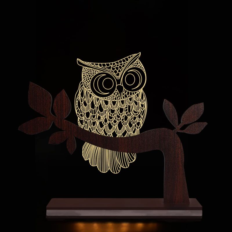 3D Illusion Owl Acrylic Led Night Lamp For Bedroom Home Decor Light (Warm White)