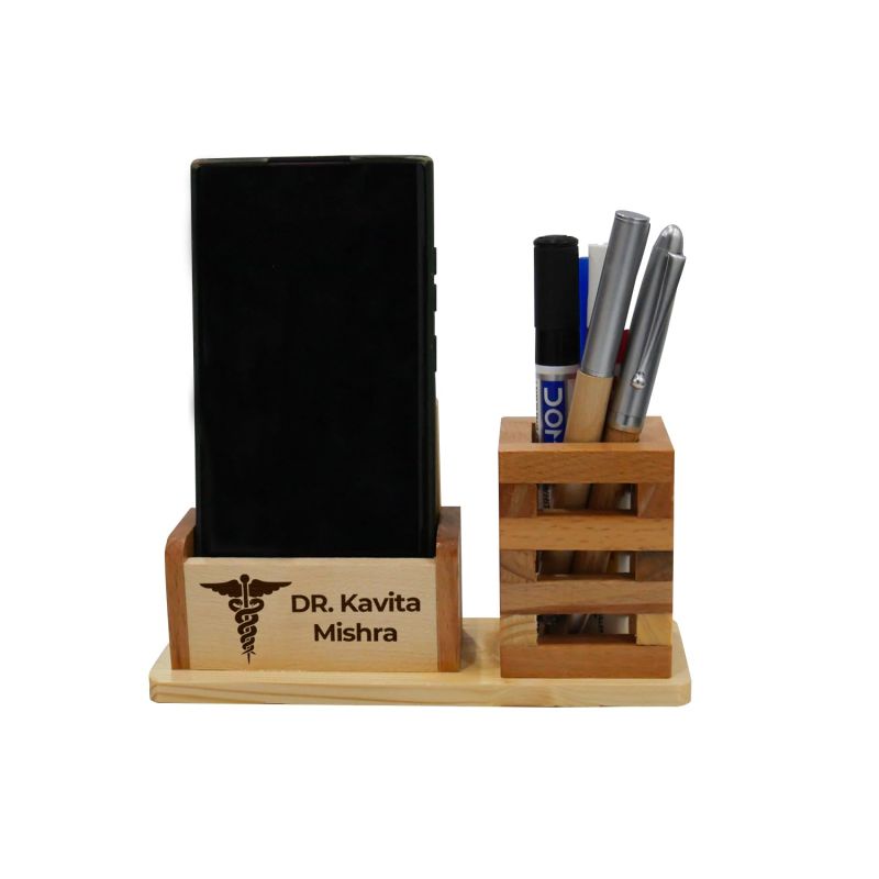 Wooden Personalized Pen Holder With Name & Doctor Logo