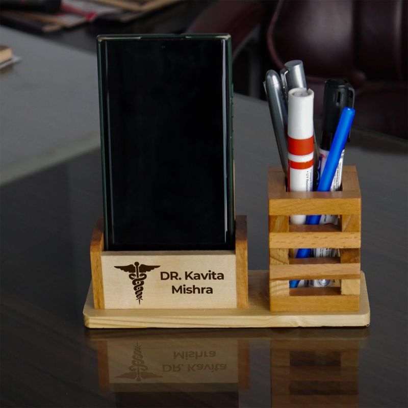 Wooden Personalized Pen Holder With Name & Doctor Logo