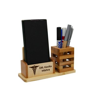 Wooden Personalized Pen Holder With Name & Doctor Logo