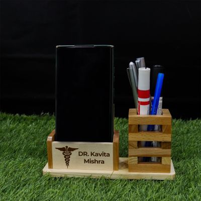 Wooden Personalized Pen Holder With Name & Doctor Logo