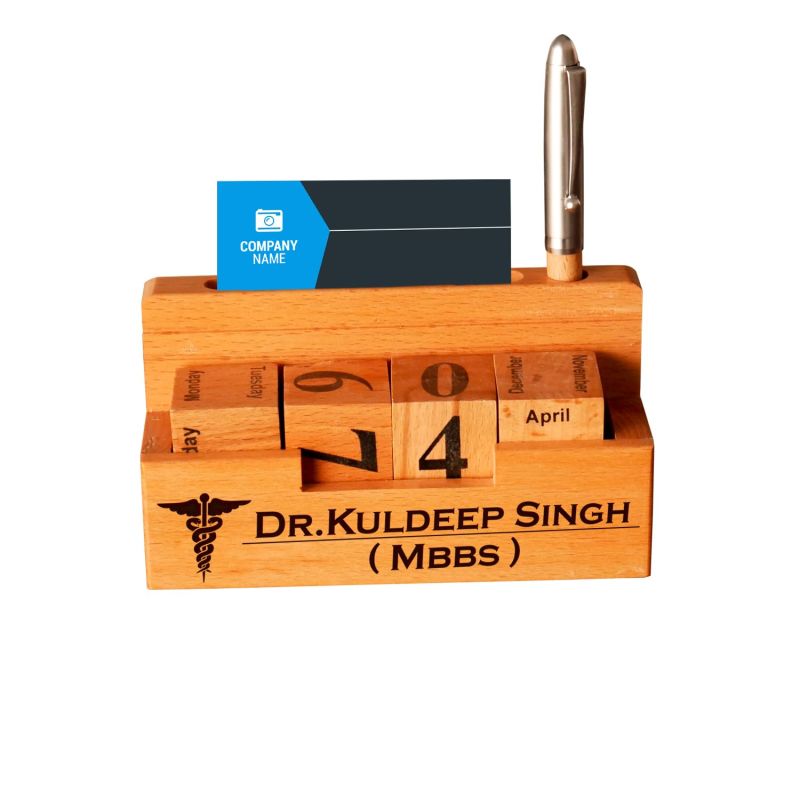 Personalized Wooden Pen Holder With Doctor Logo & Calendar Gift For Doctor