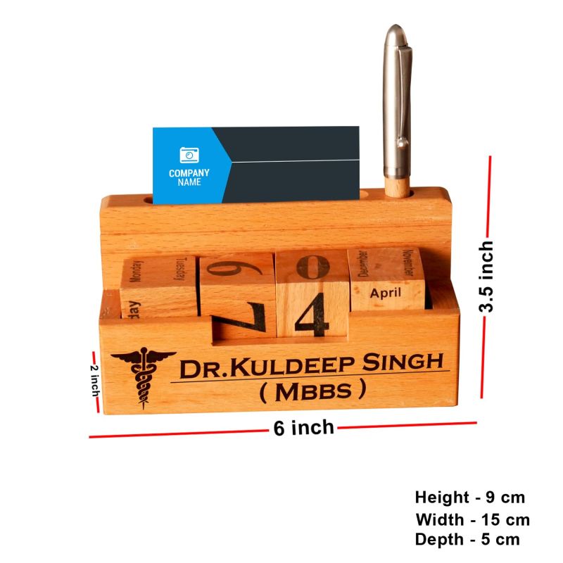 Personalized Wooden Pen Holder With Doctor Logo & Calendar Gift For Doctor