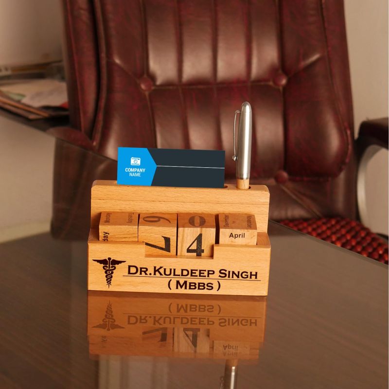 Personalized Wooden Pen Holder With Doctor Logo & Calendar Gift For Doctor