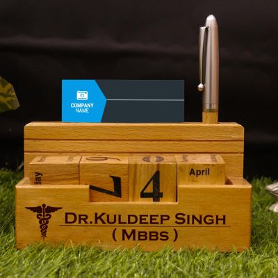 Personalized Wooden Pen Holder With Doctor Logo & Calendar Gift For Doctor