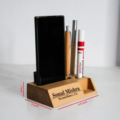 Personalized Wooden Pen Holder With Visiting Card & Mobile Holder