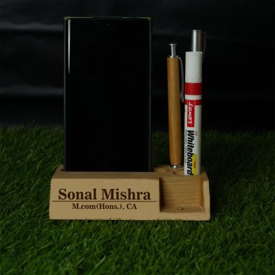 Personalized Wooden Pen Holder With Visiting Card & Mobile Holder