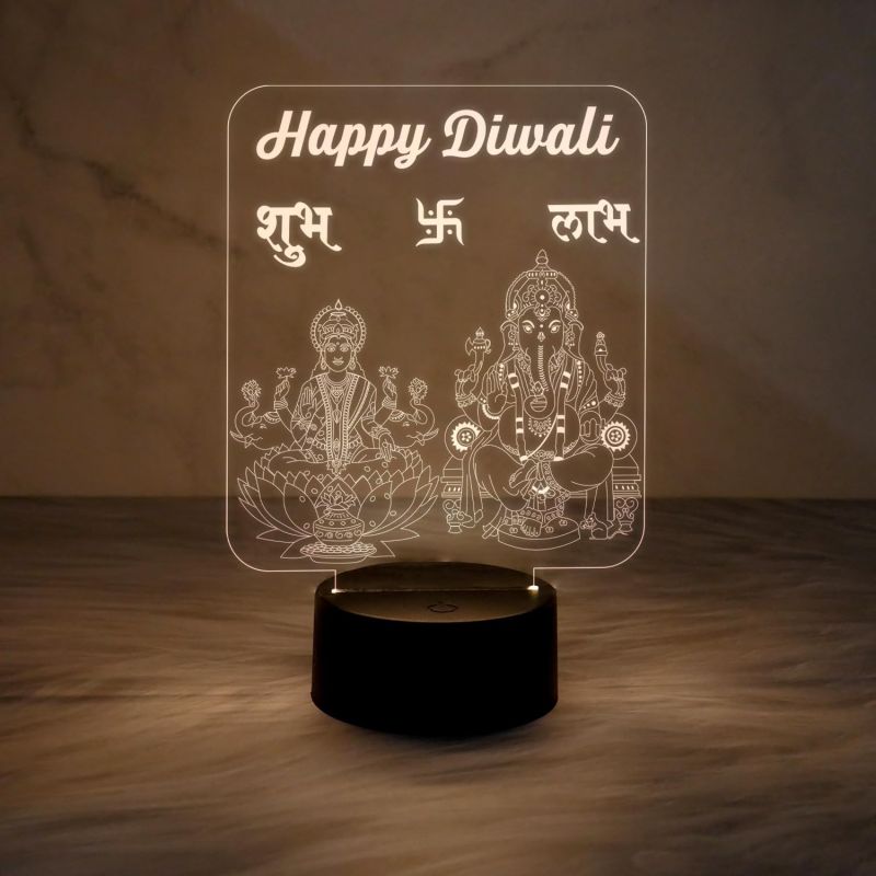 Lord Laxmi Ganesh God Night Lamp | Engraved Subh Labh Led Light | Warm White Light