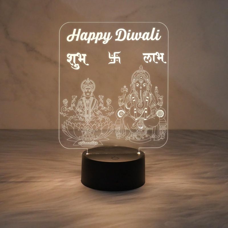 Lord Laxmi Ganesh God Night Lamp | Engraved Subh Labh Led Light | Warm White Light