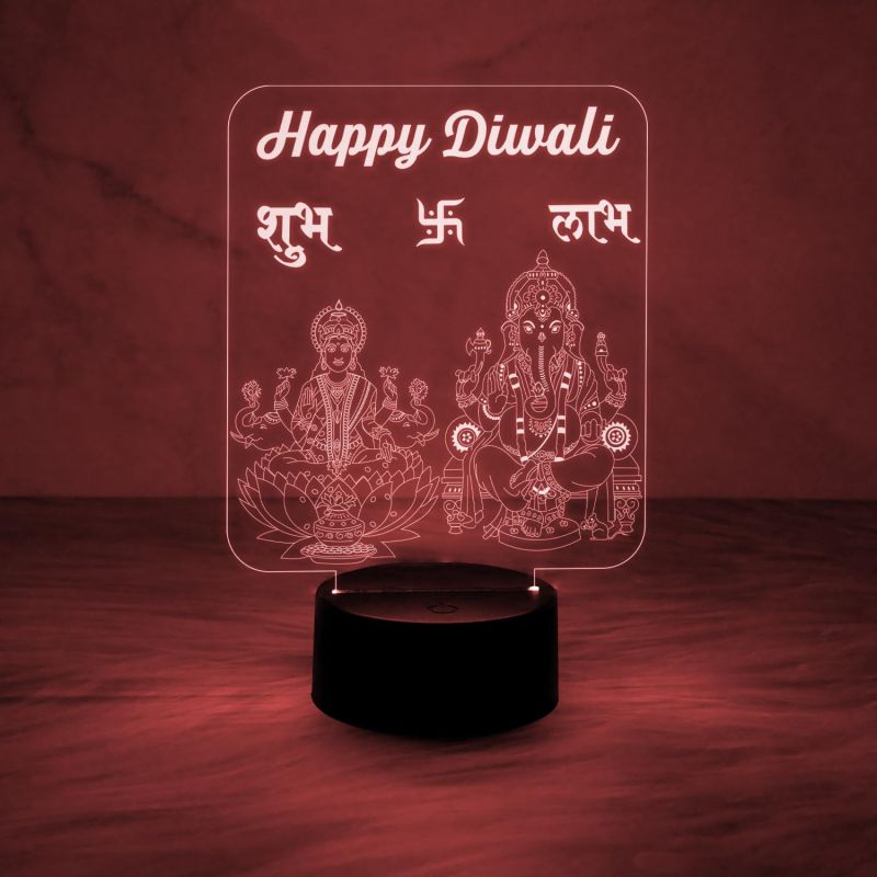 Lord Laxmi Ganesh God Night Lamp | Engraved Subh Labh Led Light | Automatic Color Changing Light