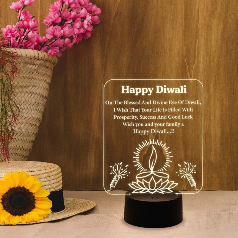 Happy Diwali Engraved Night | Diwali Blessing Gift for Family & Office Friends | Warm White