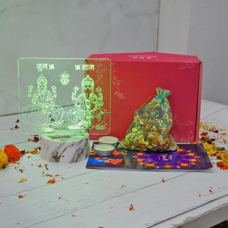 Diwali Gift Combo with Dry Fruits, Laxmi Ganesh Led Lamp, 2 Candles & Greeting Cards