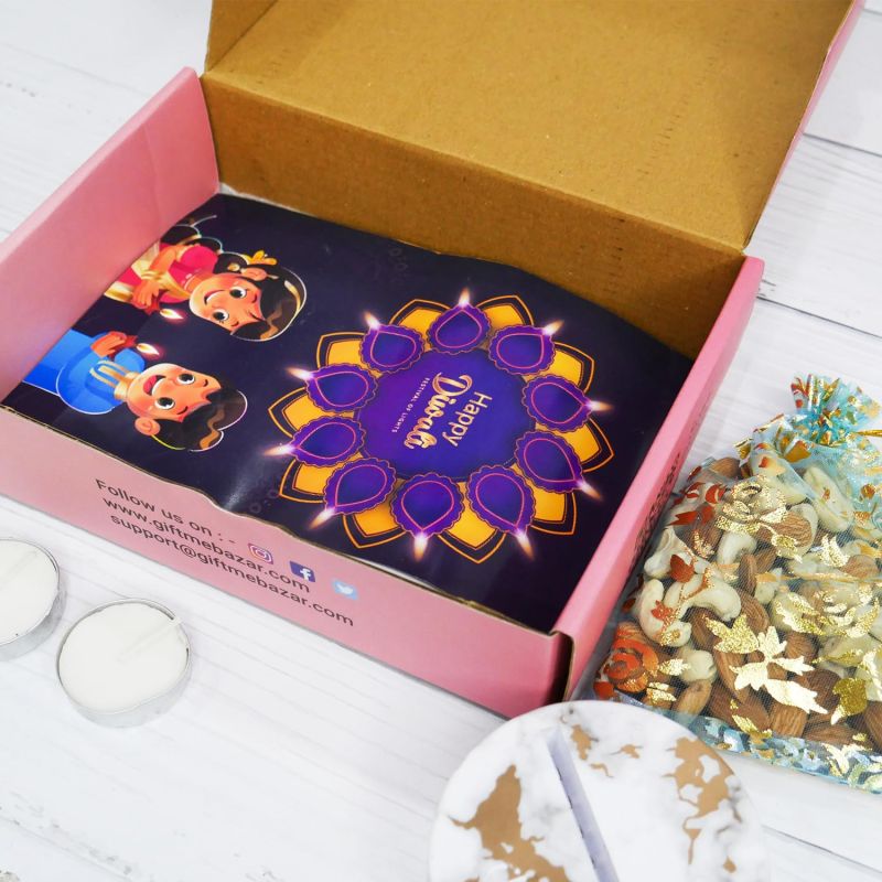 Diwali Gift Combo with Dry Fruits, Laxmi Ganesh Led Lamp, 2 Candles & Greeting Cards