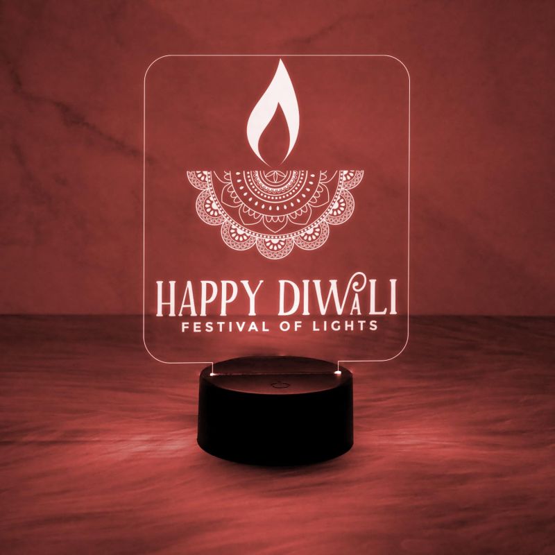 Happy Diwali Festival of Light Engraved Desk Table Light with Automatic Color Changing Light